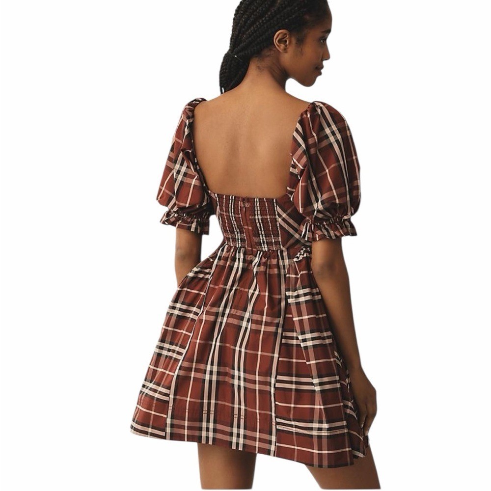 New Anthropologie Maeve Maroon Plaid Tartan Buffalo Holiday Winter Mini Dress L