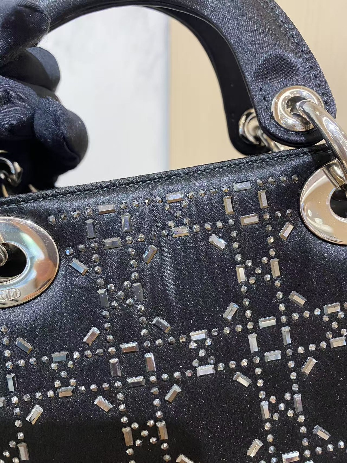 Dior Lady Dior Mini Black Satin Rhinestone 3-Grid Top Handle Bag Duty Paid