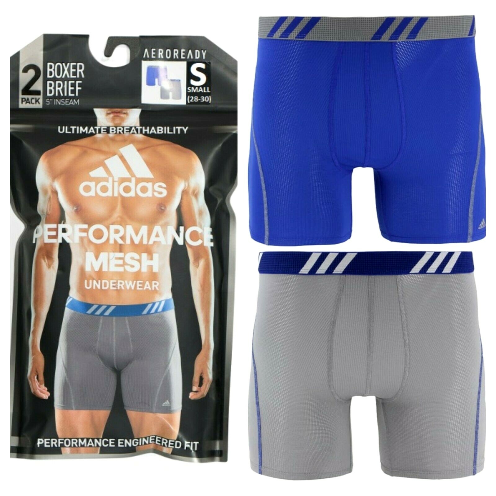 Adidas Men’s Boxer Briefs 2 Pack S 28-30 Bold Blue Grey Performance Fit MSRP$26