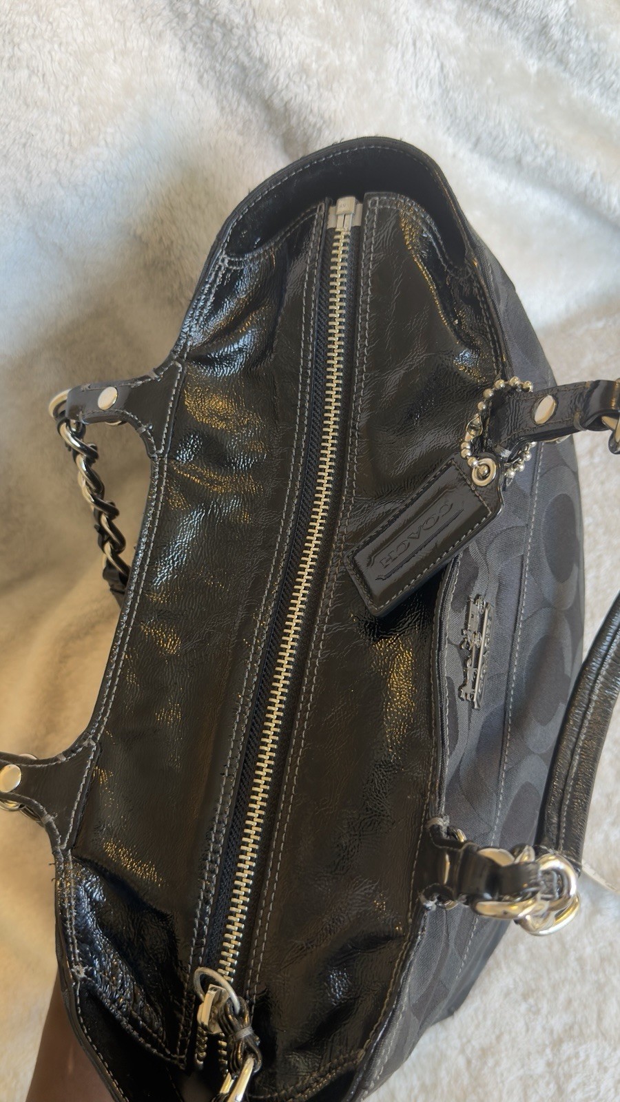 Coach Madison Signature Logo Tote Bag Black Zip Closure Silver Chain Straps