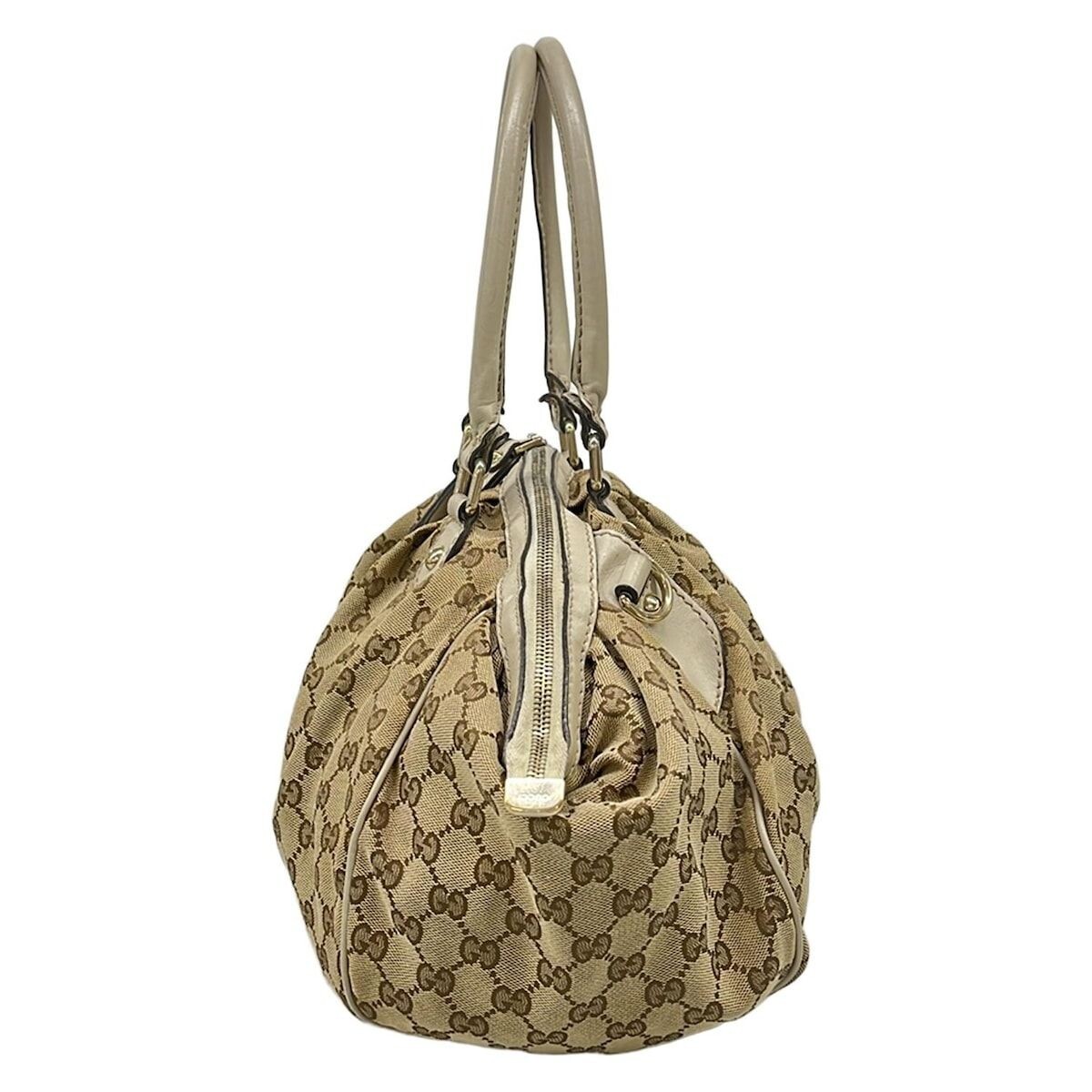 GUCCI GG Pattern Jacquard Leather Handbag Beige Brown Ivory Auth