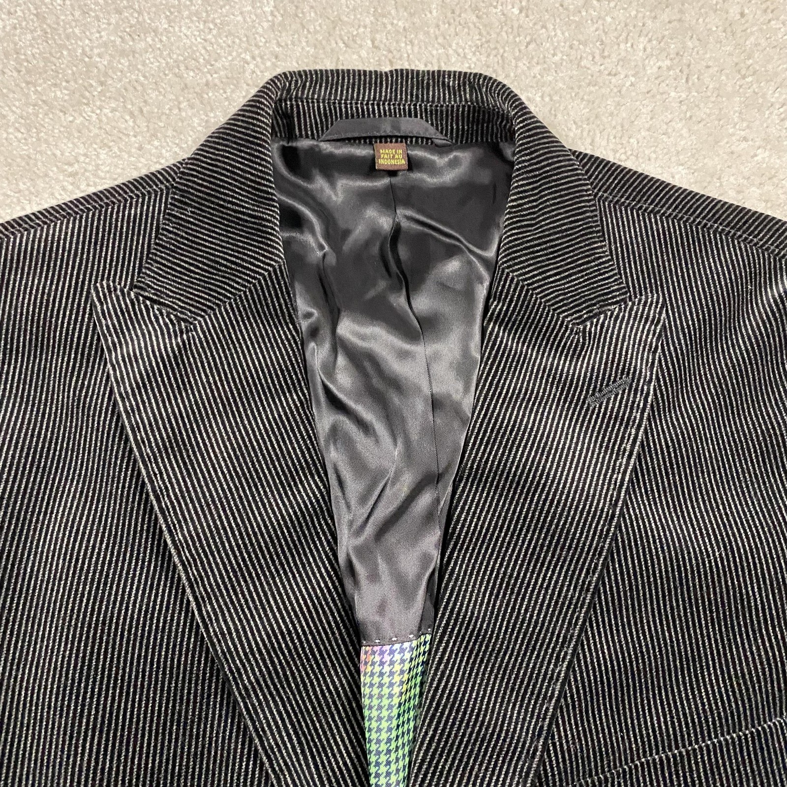 Kroon Sport Coat Mens 40R Black Striped Velvet Cotton Blazer Lined Jacket
