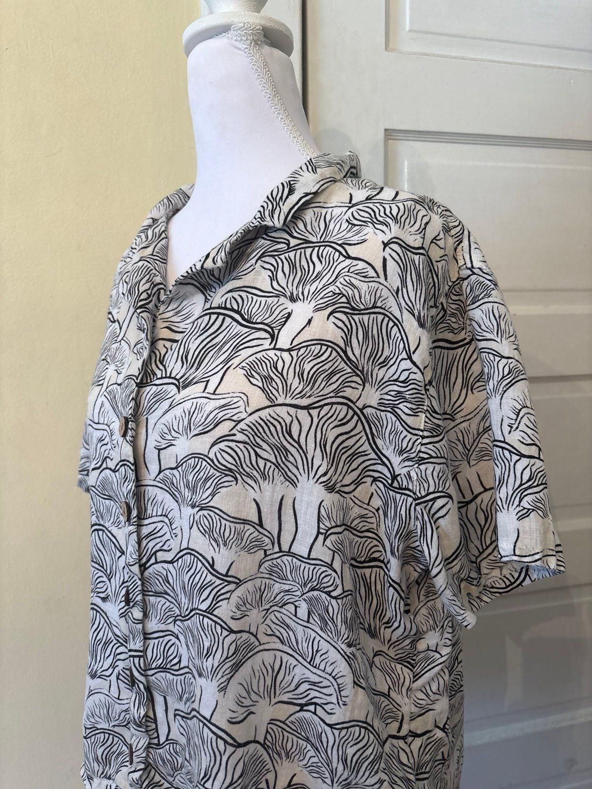 Boxy button down mushroom black ivory hippy linen cottage core short sleeve