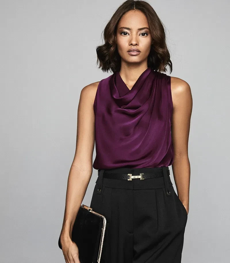Reiss Laura Bow Detail Satin Sleeveless Cowl Neck Top In Berry Size 14 RRP £115