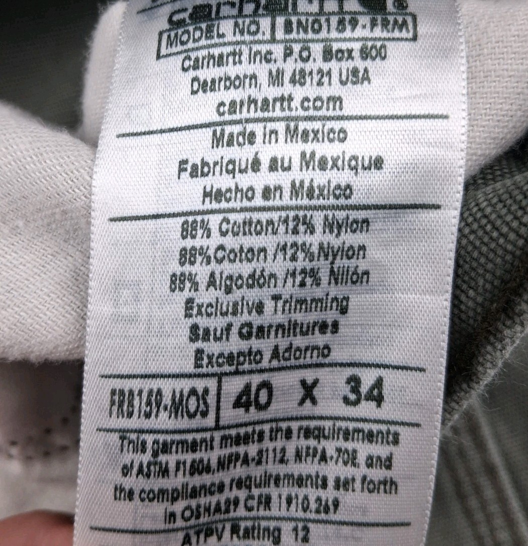 Carhartt FR Flame Resistant Pants Mens 37×33 Fit Green FRB159 MOS Loose CAT 2