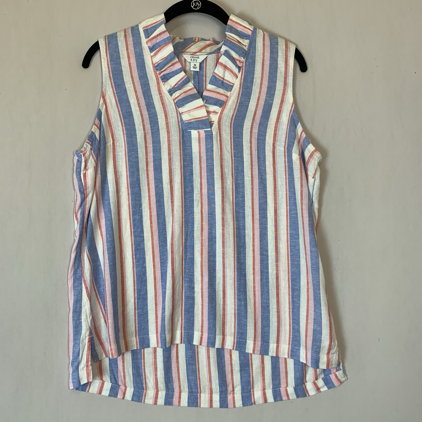 Crown Ivy Top Blouse Womens Medium Pink Blue Ivory Striped Sleeveless V Neck