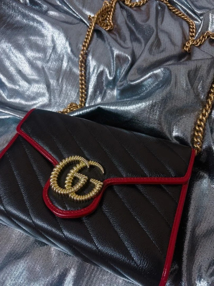 GUCCI Mini Marmont Shoulder Bag Black x Red Leather Chain Shoulder Strap Auth