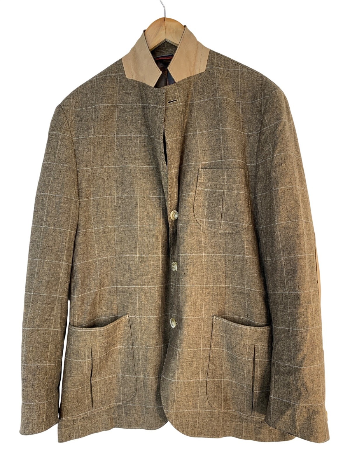 Kroon Mens Silk & Linen Window Pane Hunting Fray Blazer Size 42R Elbow Patches