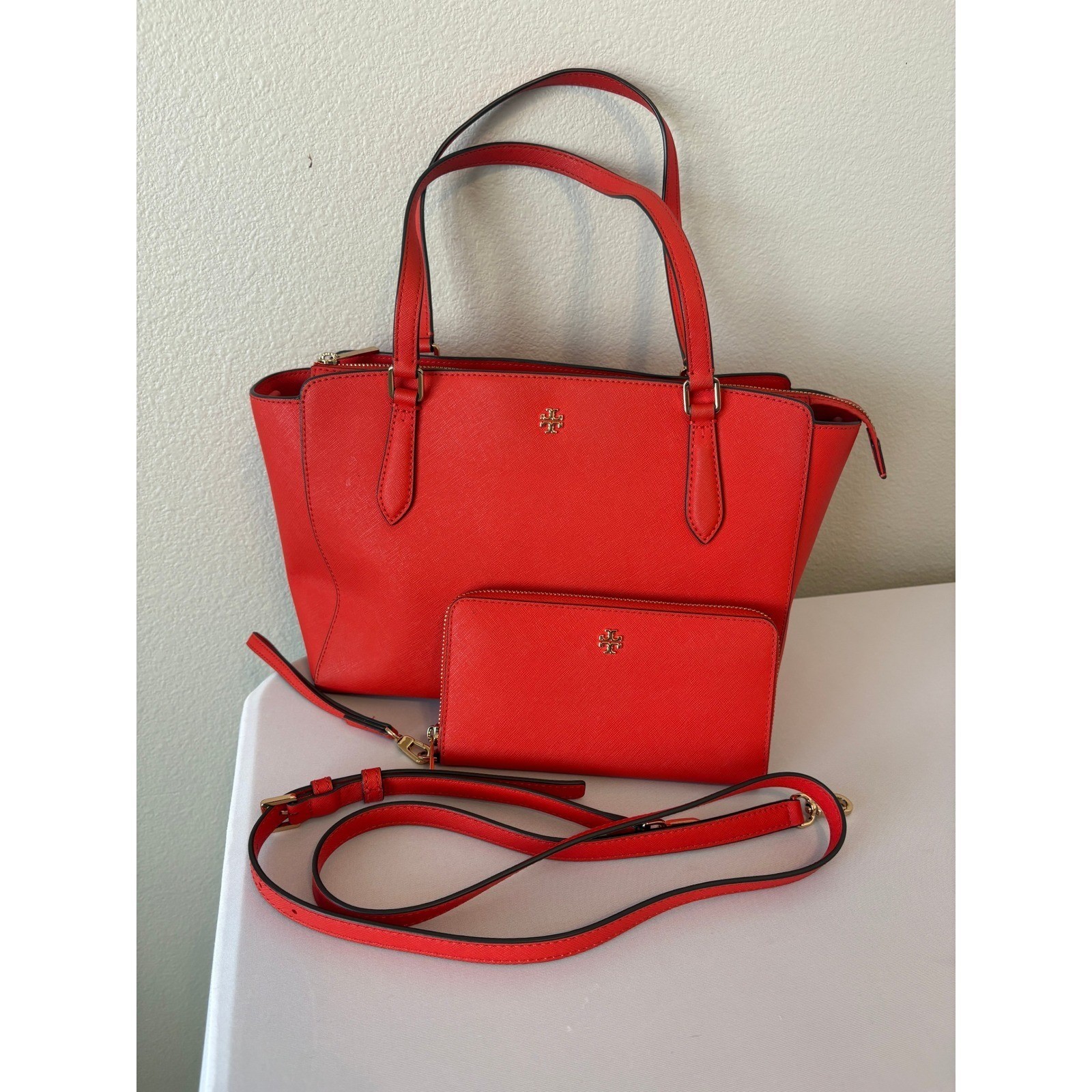 Tory Burch Robinson Red Saffiano Leather Tote Bag and Matching Wallet Set