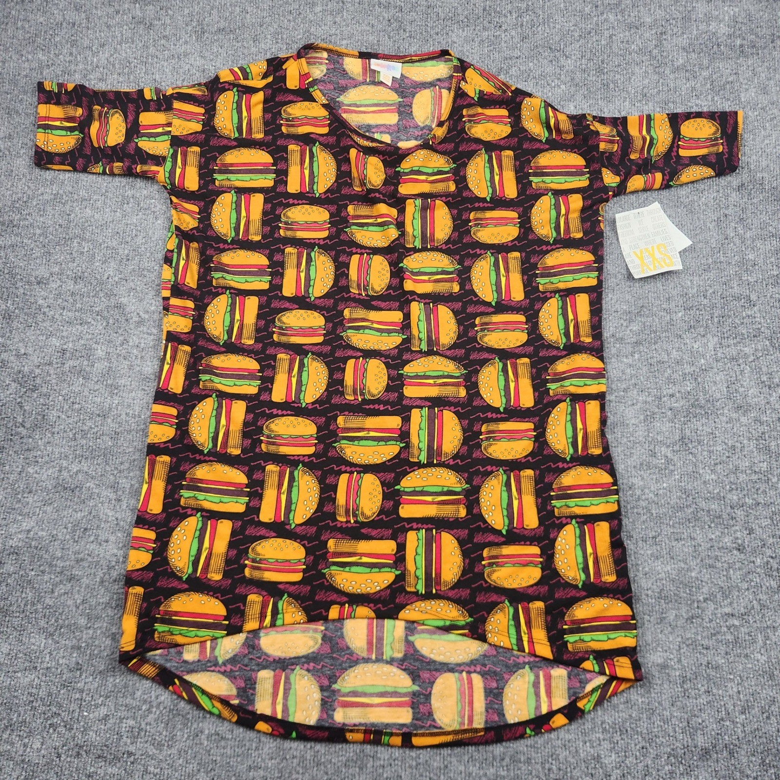 LuLaRoe Irma Tunic Top Womens XXS New Hamburger Cheeseburger Food Print Black