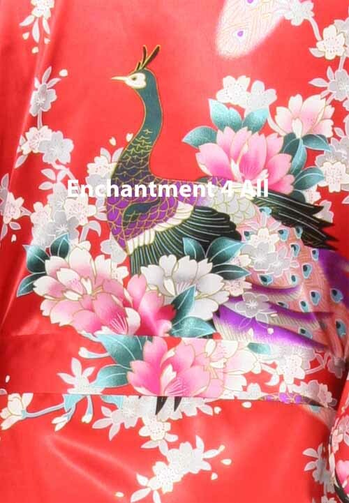 Elegant Peacock Silk Satin Kimono Robe Sleepwear Long w/ Waist Tie, Red