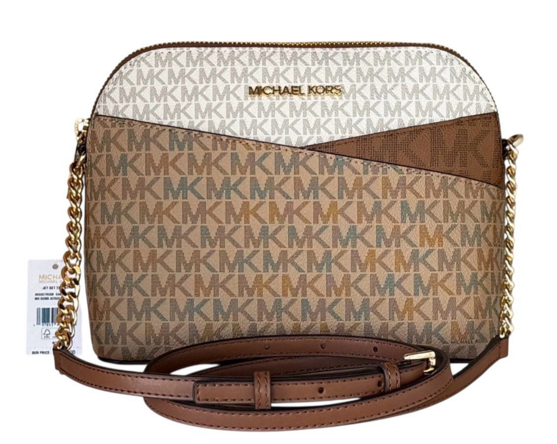 Michael Kors Jet Set Travel Dome Crossbody Bag MK Color-Block Brown Multi