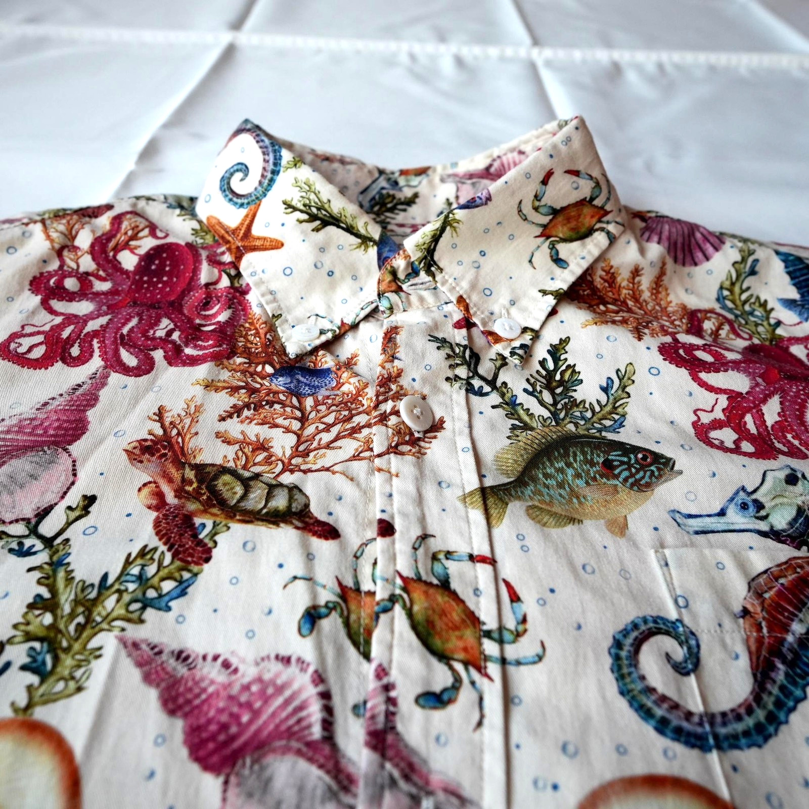 Davids Wear Yiume Hawaiian Shirt Mens Medium Seahorse Tencel Aloha Marine Life M