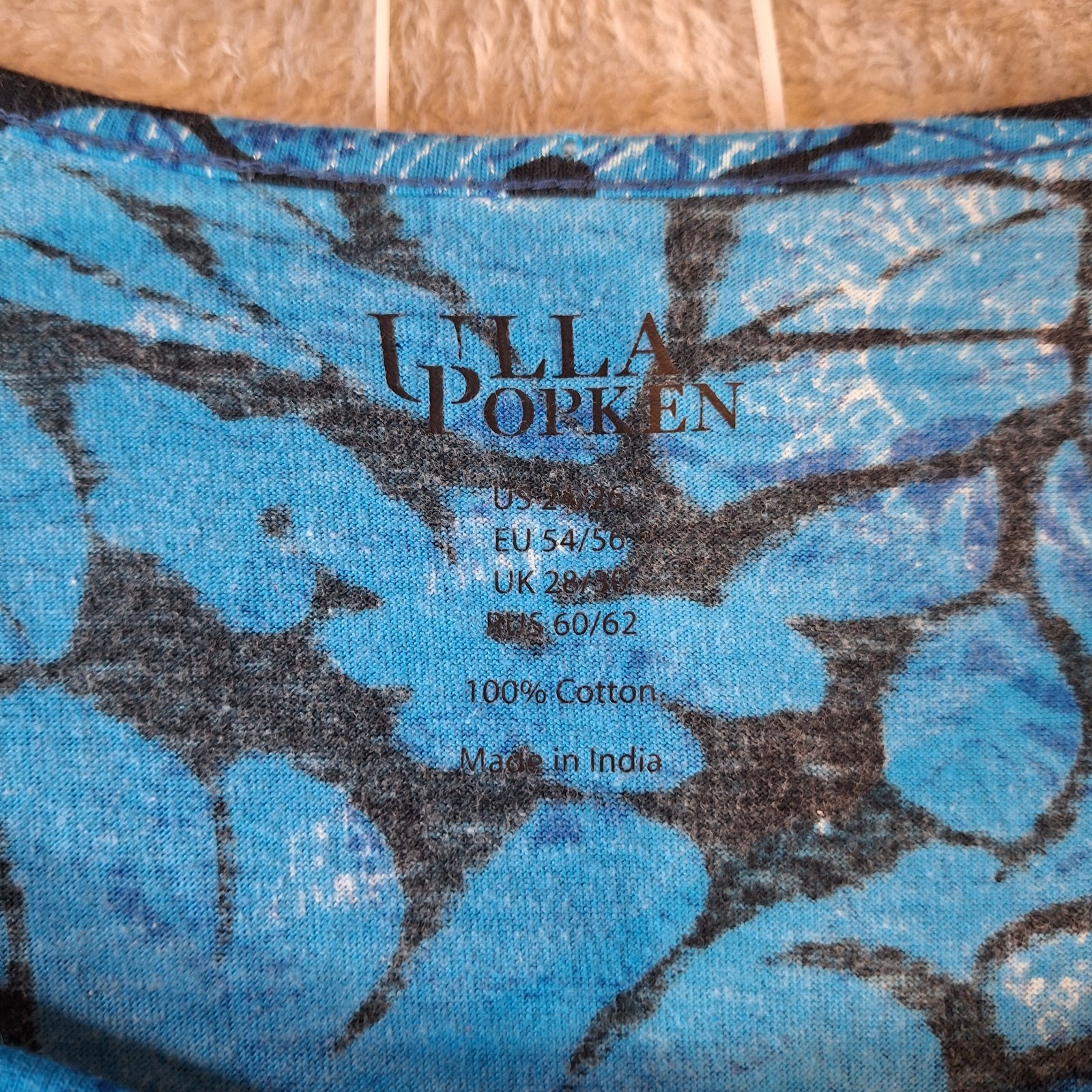 Ulla Popken Knit Dress Womens 24 26 Blue 3/4 Sleeve Floral Cotton Midi House