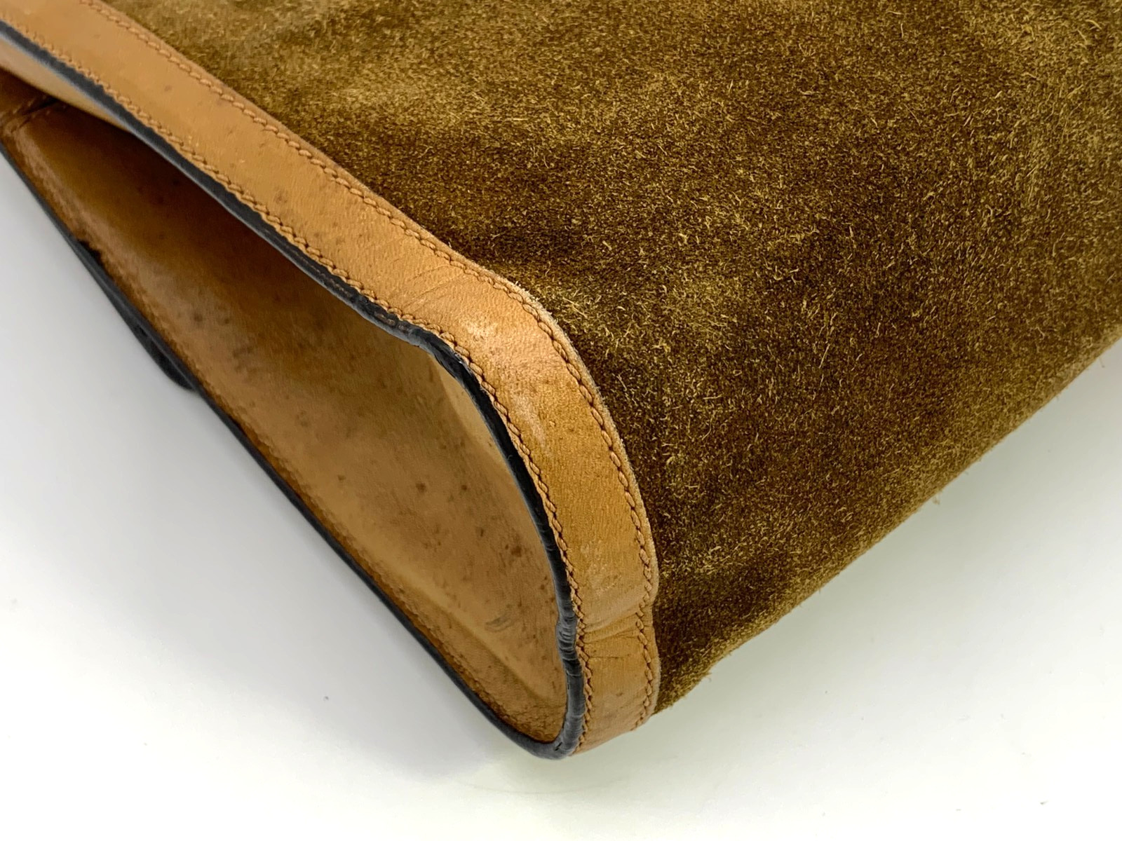 GUCCI VINTAGE Web Stripe Clutch Suede Leather Camel Large Rare Authentic