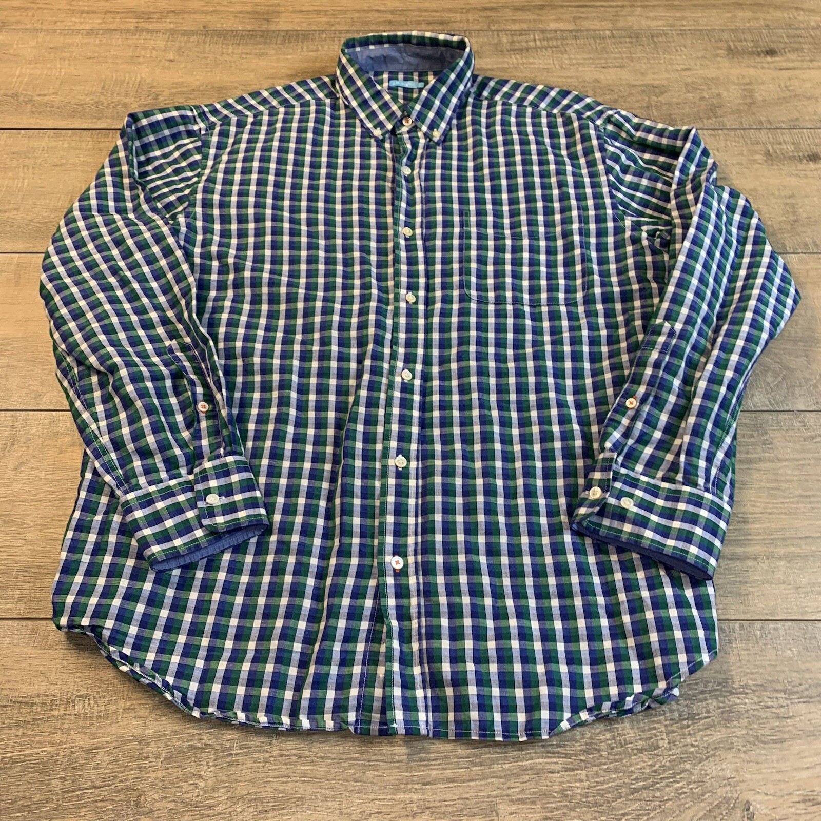 J McLaughlin Mens Long Sleeve Button Up Shirt Size Large 52% Linen Check B16