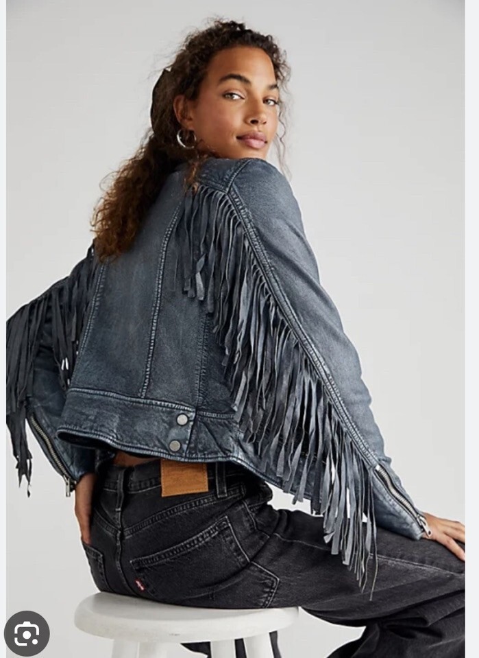 MAURITIUS ZOE FRINGE LAMB LEATHER DISTRESSED DENIM BLUE JACKET SIZE S