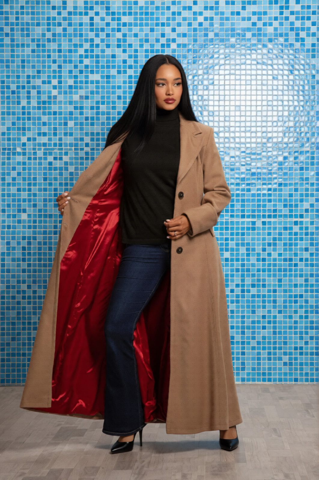 Women’s Long Wool Blend Coat Single Breasted Custom Fit Multiple Color Option