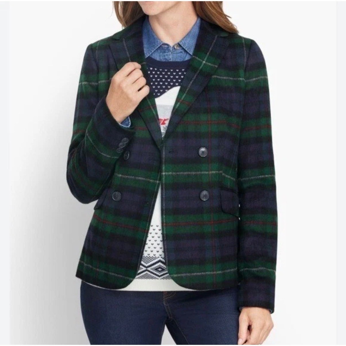 Talbots Wool Plaid Tartan Double Breasted Blazer Jacket Lined Sz 6 Italy Fabric