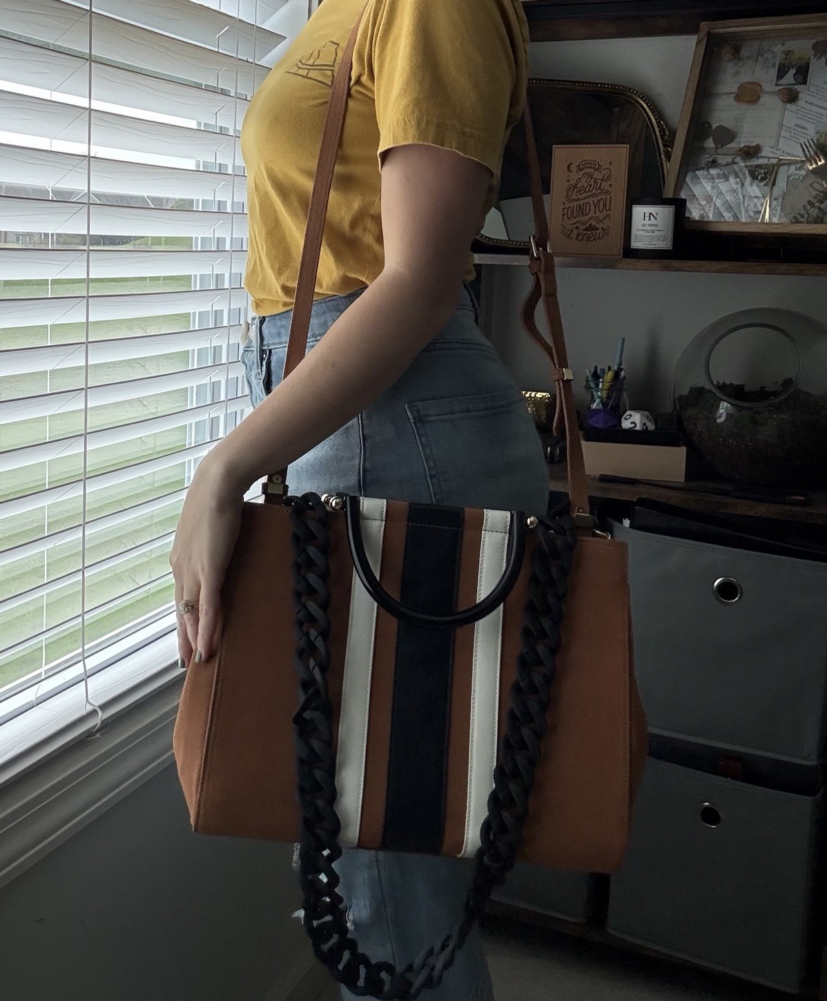 Bagging Rights Cognac Suede Tote Black Cream Stripe Two Straps Rare