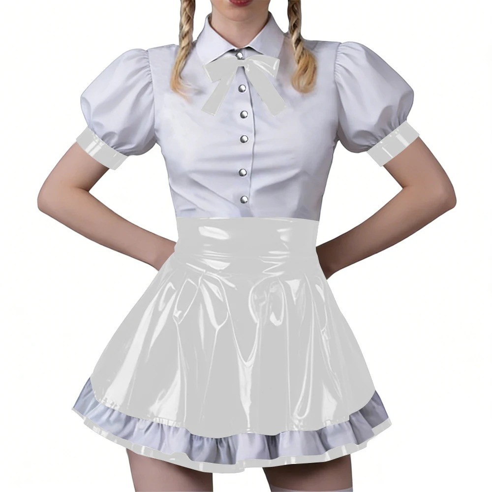 Women Vinyl PVC Bodycon Maid Sets Sweet Sexy Top Party Cosplay Unifom Skirt