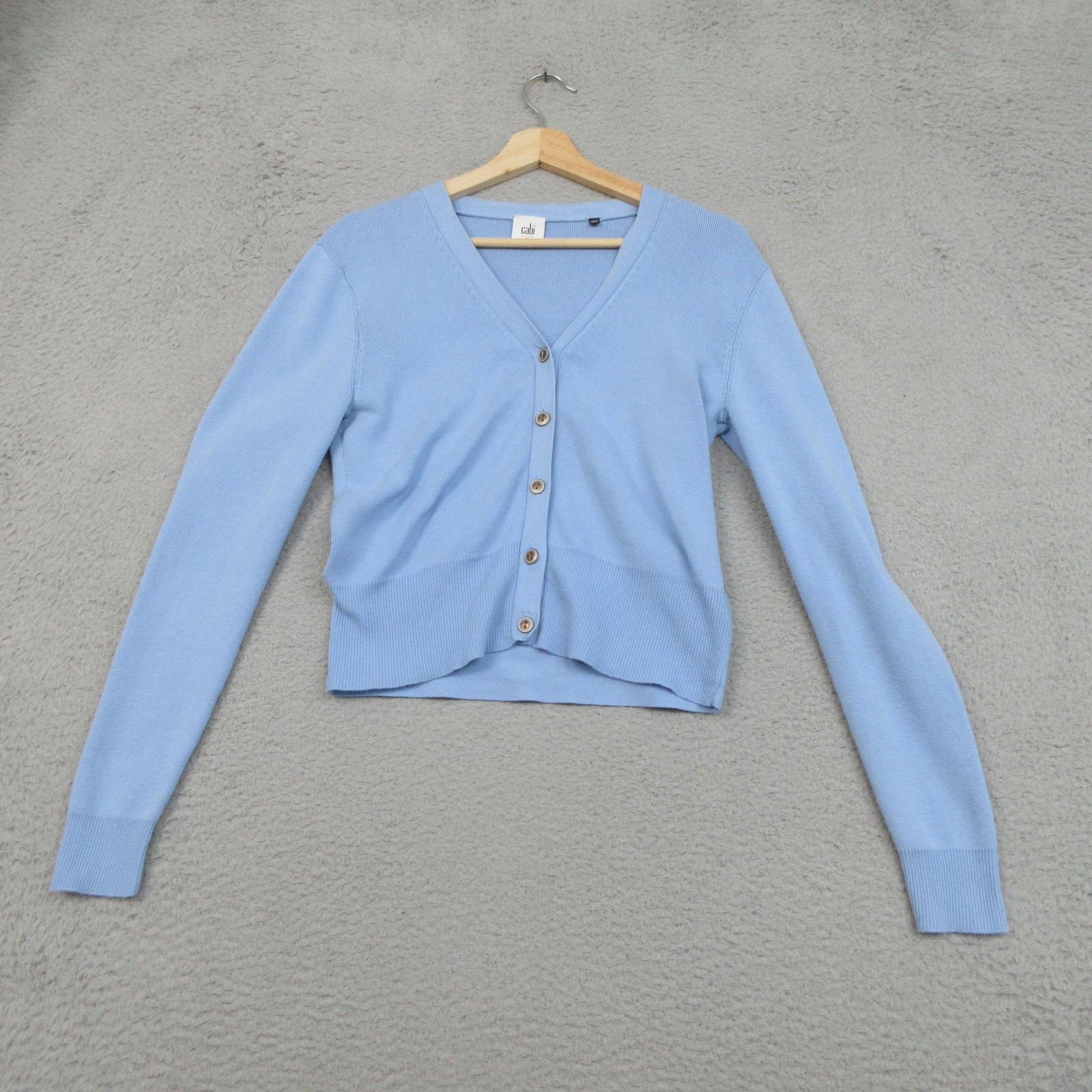 Cabi Cardigan Sweater Womens Medium Blue V Neck Button Front Split Back Knit