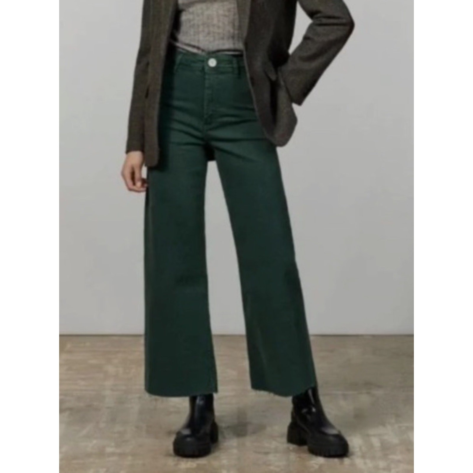 Zara The Marine Straight Wide Leg Raw Hem Dark Green Jeans SIZE 4