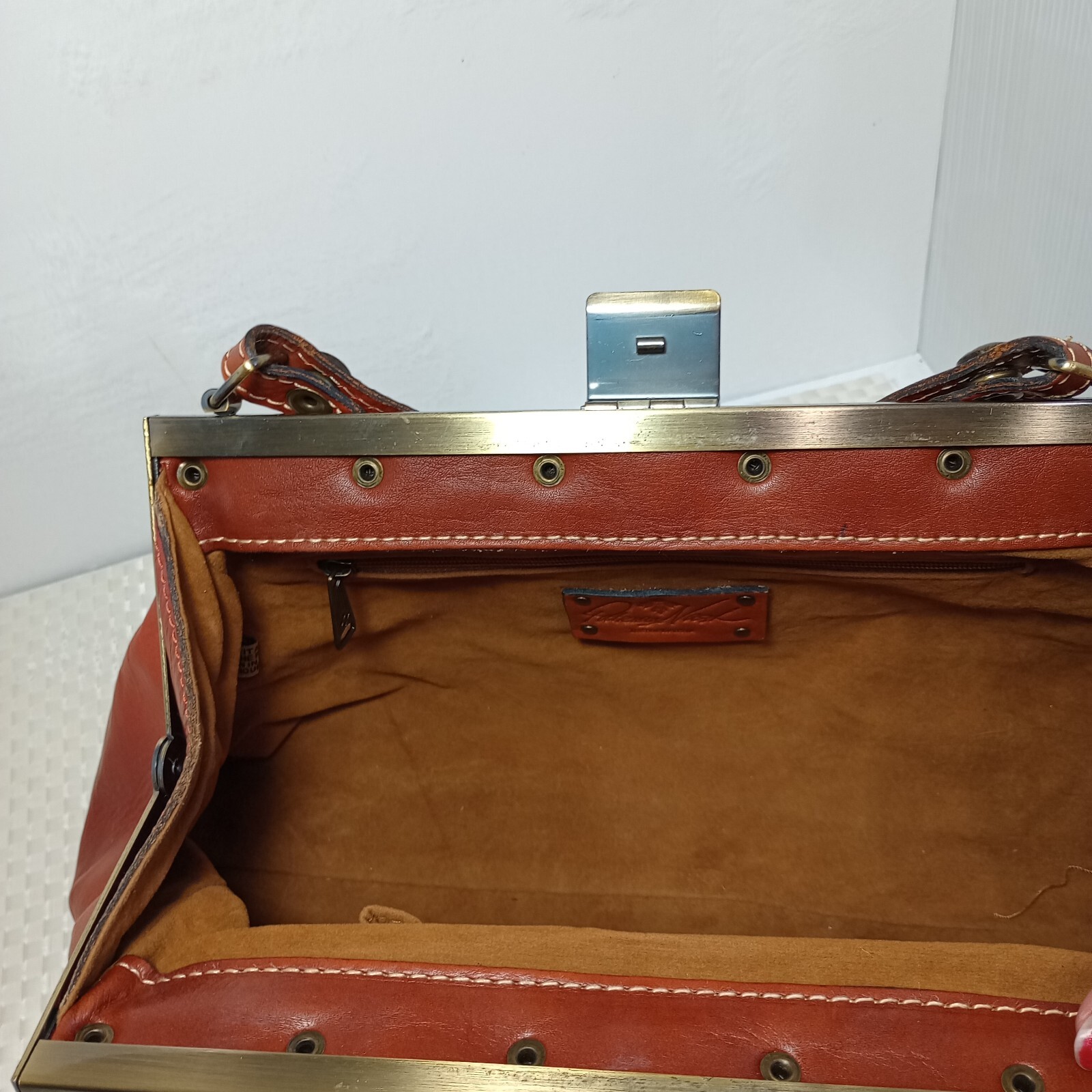 Patricia Nash Floral Embossed Cognac Leather bag Medium Brass Bottom Studs EUC