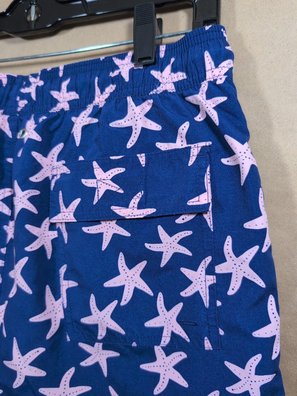 Tom & Teddy Men’s Medium Swim Trunks Purple With Pink Starfish Lined, Pockets