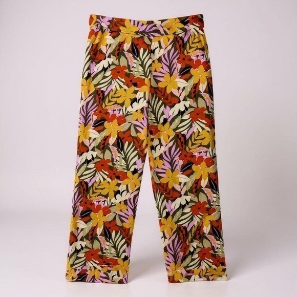 Size 10 LOFT Wide Leg Pants Yellow Orange Floral Tropical High Waist Trousers