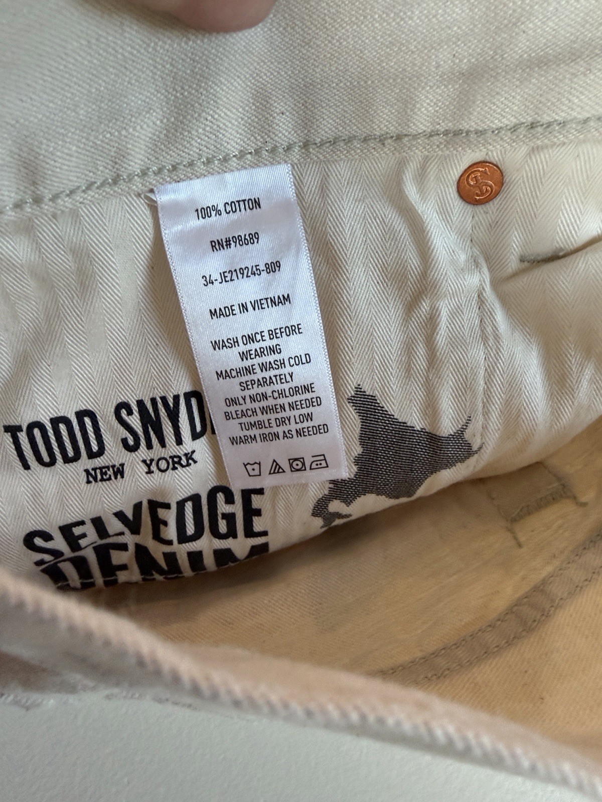 Todd Snyder Cream Straight Fit Button Fly Jeans Sz 34/32. New. Box1