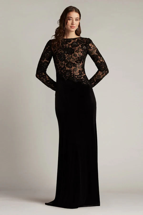 Tadashi Shoji Black Nude Embroidered Lace Long Sleeve Gown Size 2 $438