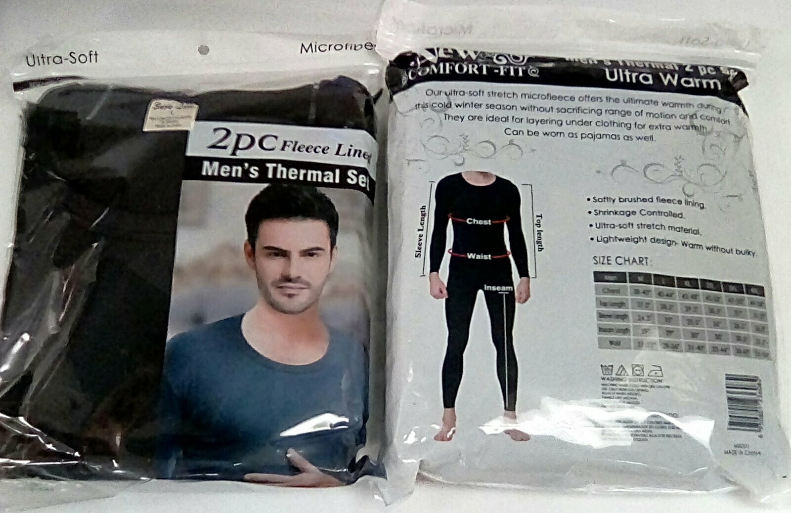 Comfort Fit Fleece Lined Microfiber Long Johns, Large, Black, 2 pc set