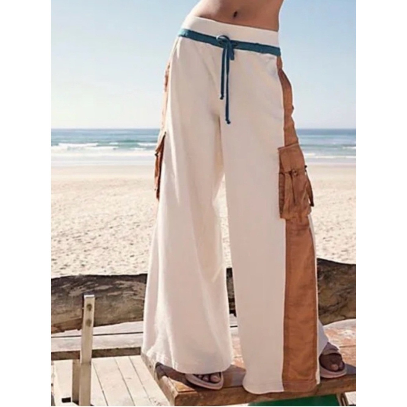 Free People FP Movement Playoff Colorblock Wide-Legs Pants Size Medium Ivory Tan