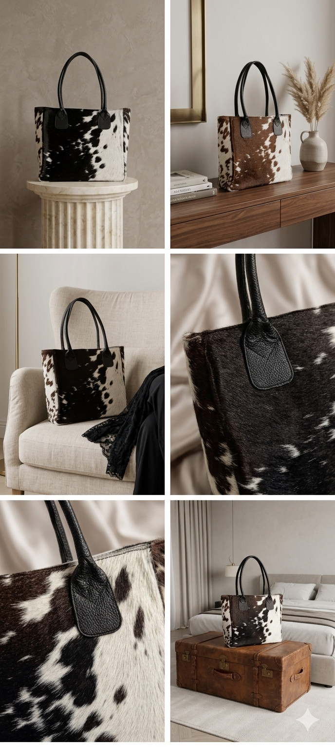 Genuine Black and White Cowhide Tote Bag | Real Fur Leather Handbag