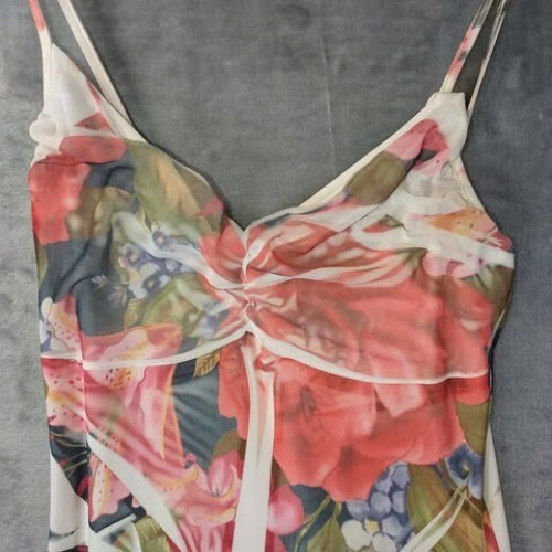 Womens M Floral Handkerchief Hem SpaghettiStrap RuchedDress Summercore Fairy