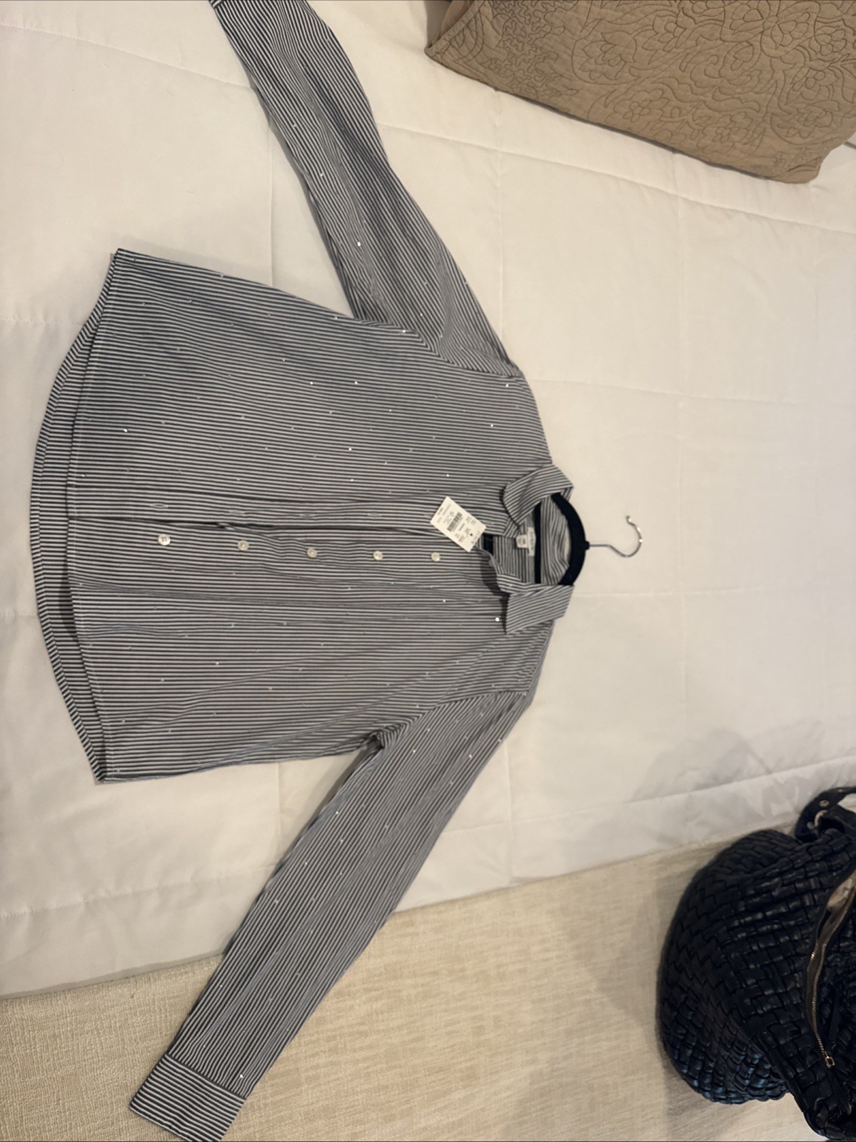 J Crew Blue & White Striped Rhinestone Studded Button Down Shirt Women’s Size XS