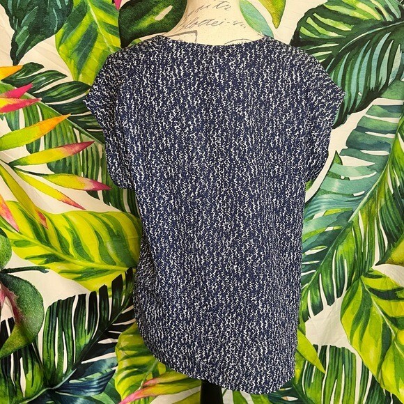 Chaus New York S Dark Blue White Abstract Print Preppy Teacher Office Blouse