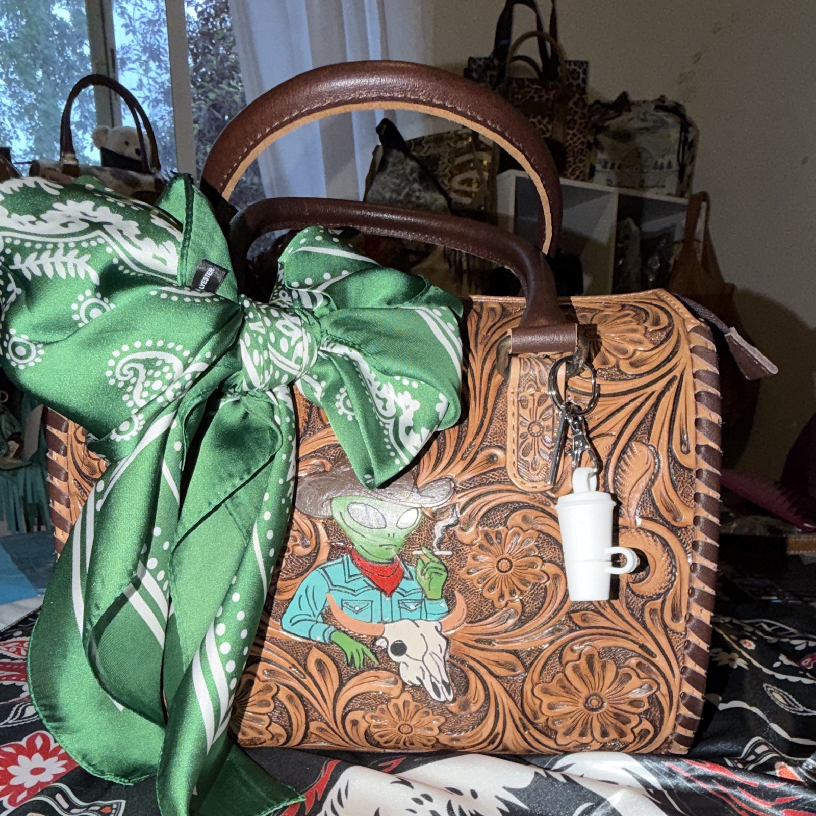 Handmade Tooled Floral Western Satchel Top Handle Zip Bag Brown Alien Charm