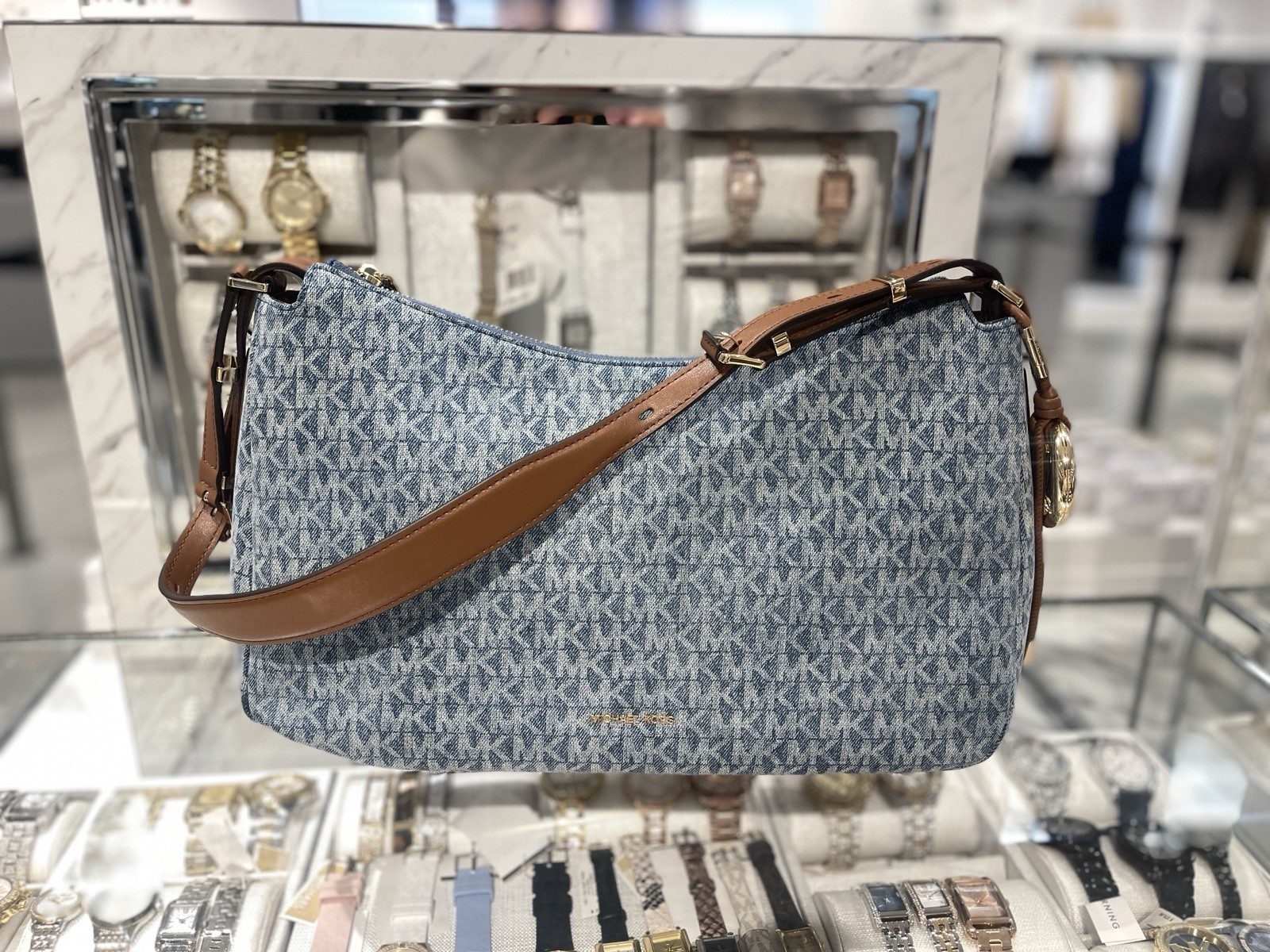MICHAEL KORS Nolita Medium Signature Logo Print Denim Convertible Should NWT