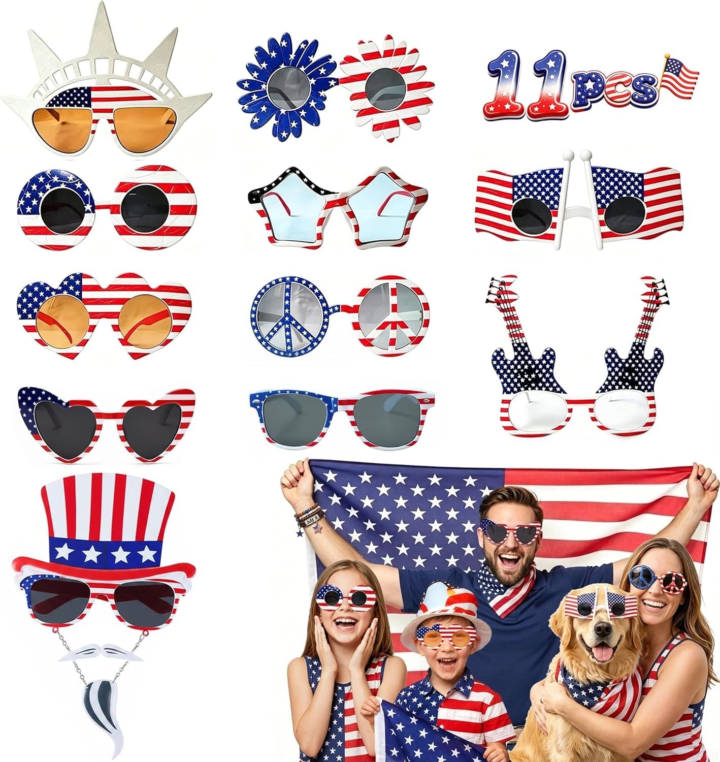 LIONO 11 Pack 4th of July Sunglasses, 250th Anniversary Patriotic USA Glasses