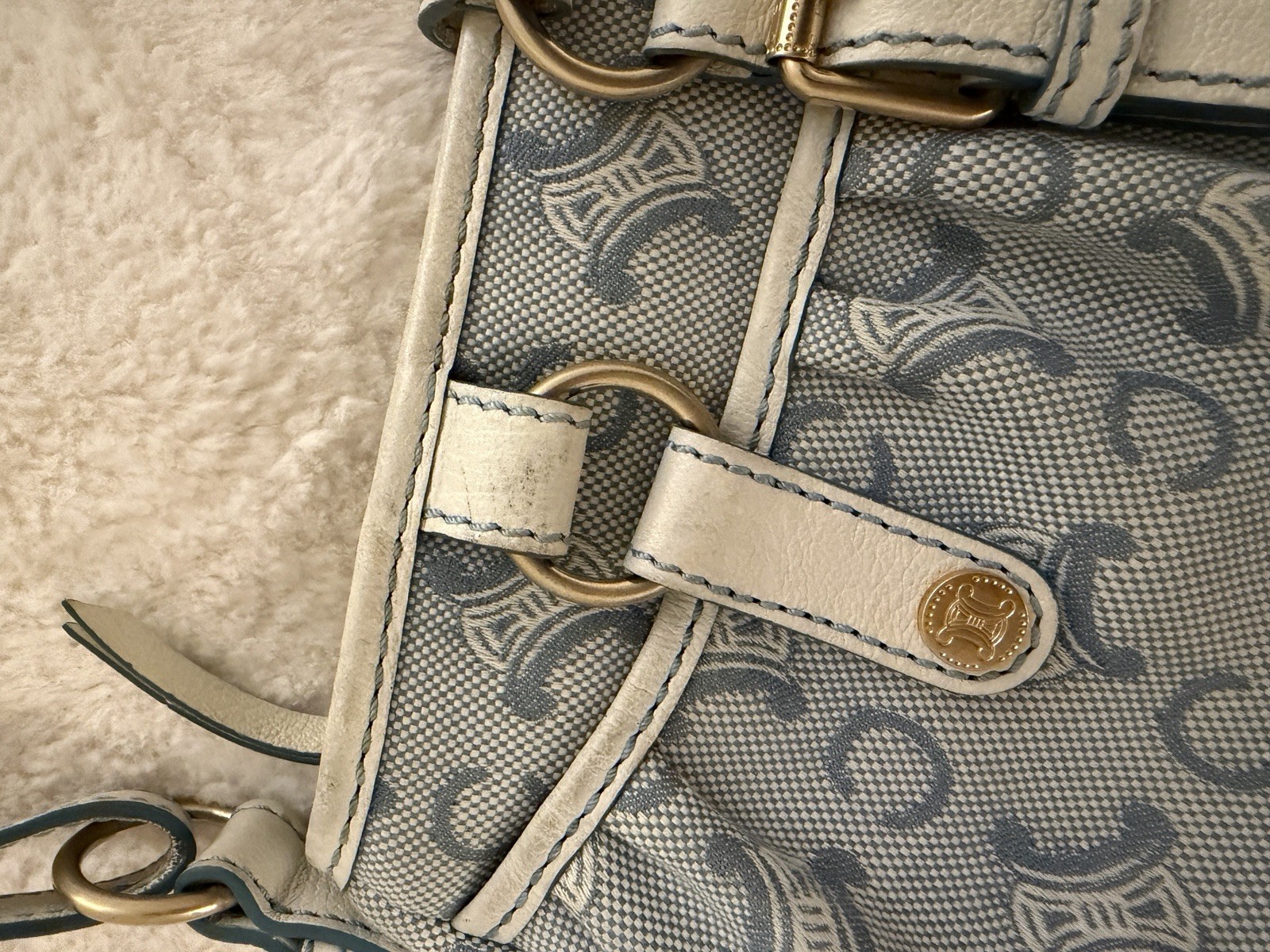 Celine Vintage Blue Triomphe Canvas Shoulder Bag Leather Trim 31cm Authentic