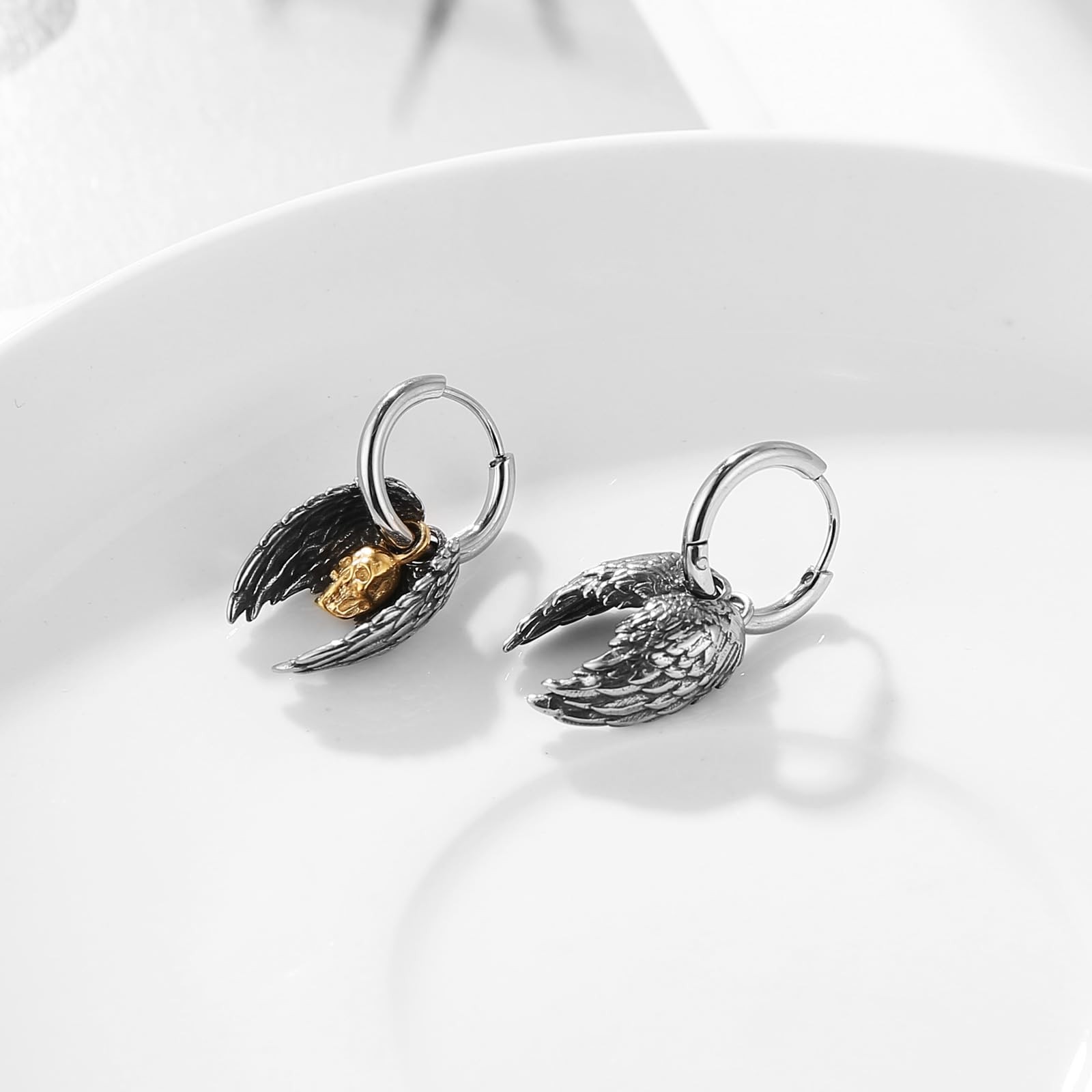 HZMAN Guardian Angel Wings Dangle Earring for Women 1.3cm x 2.7cm, Skull