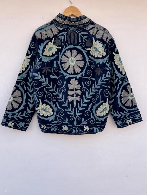 Handmade Suzani Velvet Jacket~Floral Blue Embroidered Coat For Her Gifts