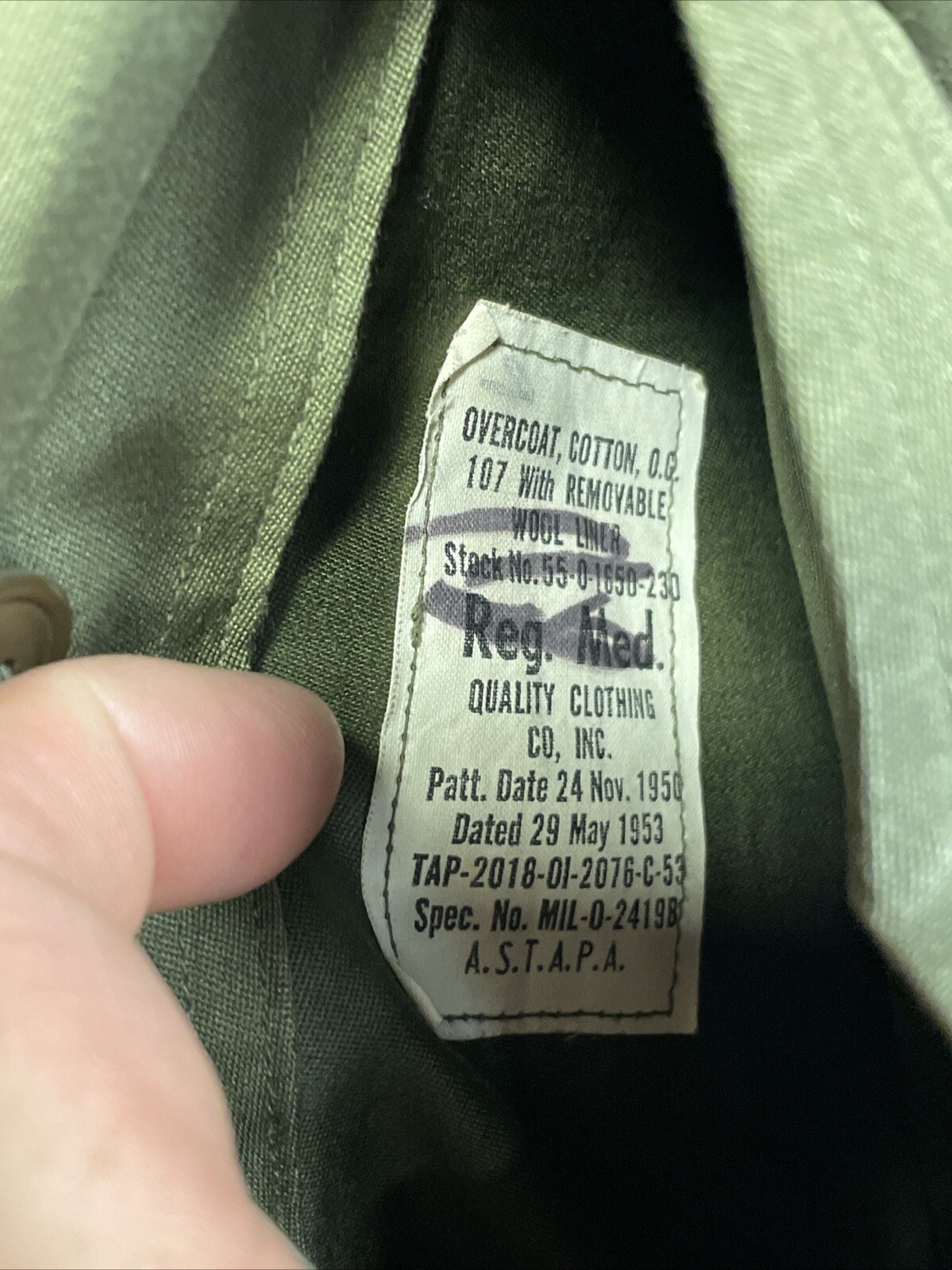 1953 Korean War US Army Winter Great Coat Lining OG-107 Overcoat Cotton Small