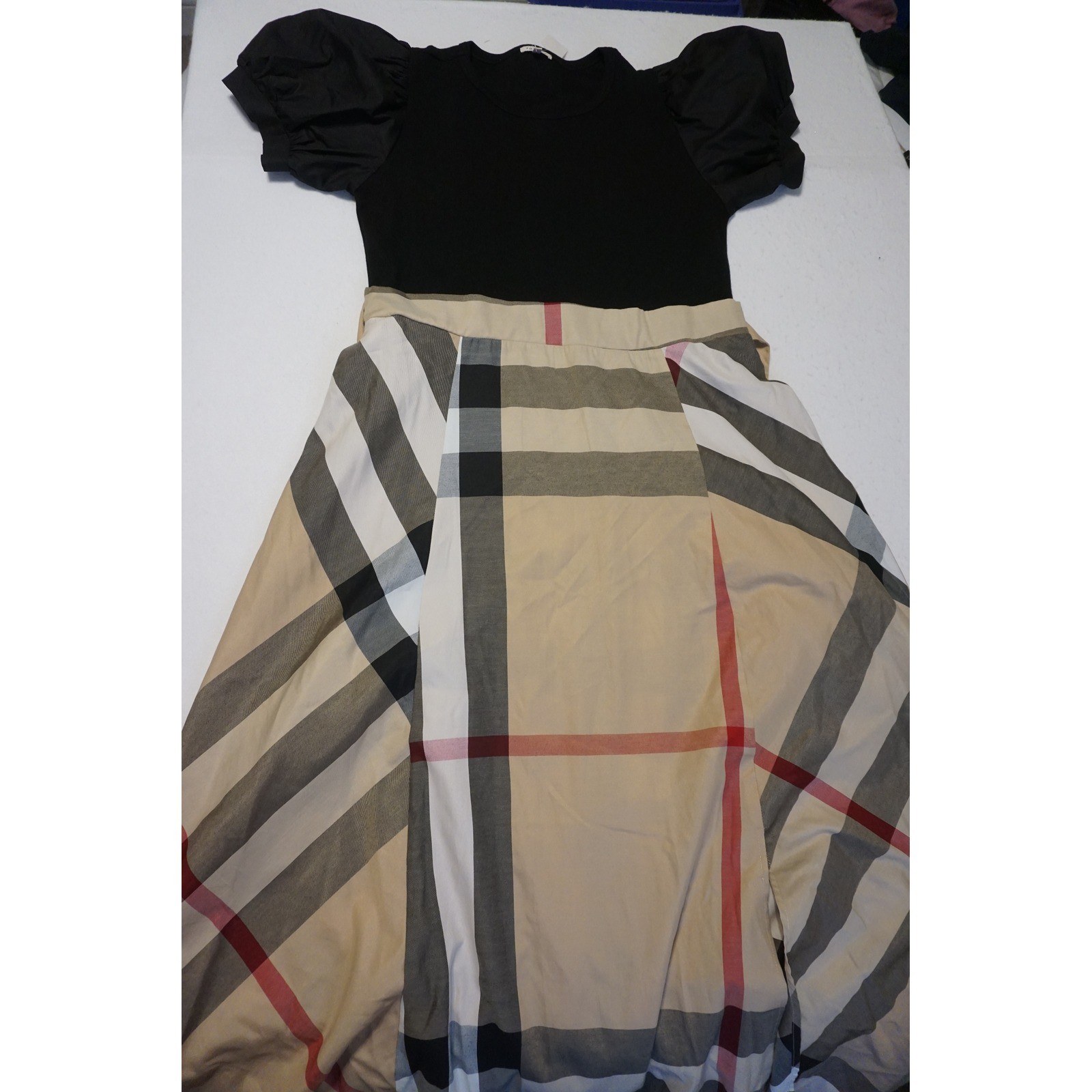 Jodifl Black Puff Sleeve Plaid Skirt Maxi Dress Large LB1.C1082