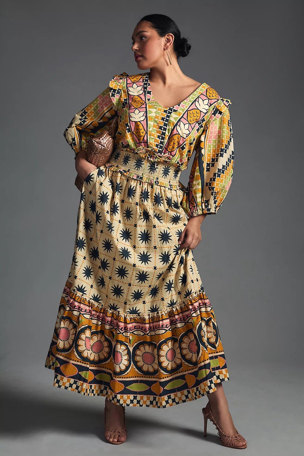 FARM Rio for Anthropologie Plus 1X Floral V-Neck Smocked Pocket Midi Dress