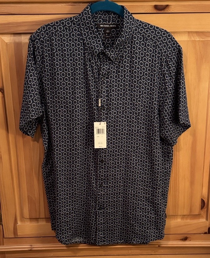 🐷 Michael Kors Slim Fit Navy White Print Short Sleeve Button Down Shirt L