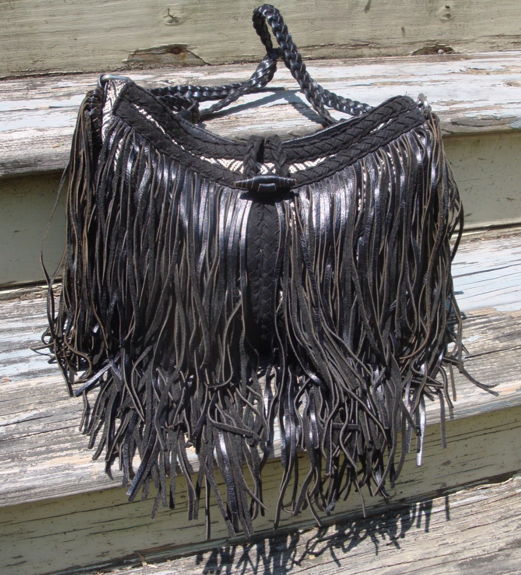 SAM EDELMAN Black Fringe Leather Large Hobo Handbag Boho Hippie Festival Biker