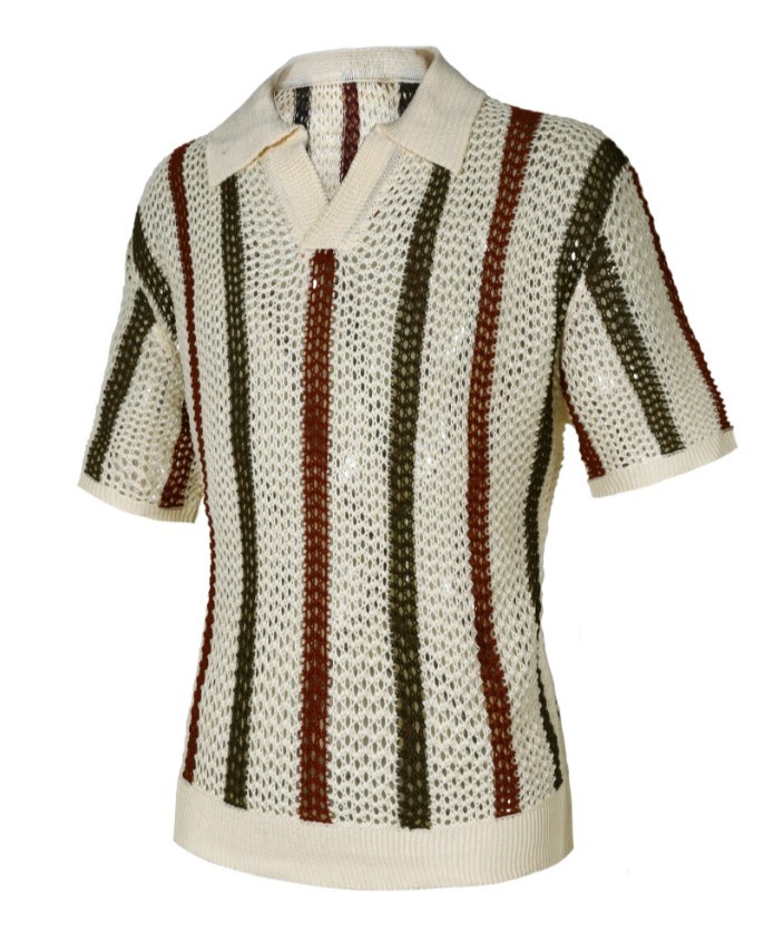Men’s V-Neck Collared Knit T-Shirt Hollow Out Striped Short Sleeve Tee